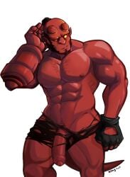 balls bara black_hair broken_horn dark_horse demon facial_hair flaccid hand_behind_head hellboy hellboy_(series) horns male male_only muscles muscular penis penis_out red_body red_skin ripped_clothing rjay_owo solo solo_male tail underwear wardrobe_malfunction