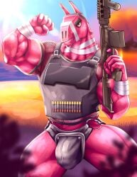 1boy 2023 5_fingers absurd_res anthro armor bandage big_muscles bulge camelid clothing epic_games fingers fishnet fishnet_clothing fishnet_topwear fist flexing fortnite furry grin gun highres holding_gun holding_object holding_ranged_weapon holding_weapon huge_muscles llama lt._john_llama male male_only mammal muscular muscular_anthro muscular_male pink_body ranged_weapon romhowler smile solo teeth topwear underwear vest weapon