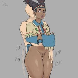 1boy 1girls bald_man black_hair bottomless dark-skinned_female jumbogumbo lily_hawk pubic_hair pussy street_fighter street_fighter_6 thick_thighs thigh_sex thighs twin_braids wide_hips