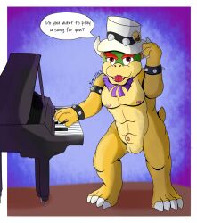 anthro balls bow_ribbon bowser breasts clothing genitals hair hat headgear headwear hi_res hzfow keyboard_instrument koopa male mario_(series) musical_instrument nintendo nipples penis piano reptile scalie simple_background smile solo super_mario_bros._(2023_film) top_hat turtle