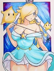 1girls artist_request big_breasts blonde_hair blue_eyes breasts busty cleavage dress female female_only hair_over_one_eye large_breasts legs long_hair luma mario_(series) nintendo panties princess_rosalina super_mario_galaxy thighs traditional_media underwear voluptuous wand white_panties