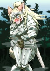 absurd_res anthro armor blonde_hair blush bodily_fluids canid canine canis clothed clothing desperation domestic_dog embarrassed female forest forest_background genital_fluids hair headgear helmet hi_res knight mammal medieval_armour melee_weapon mttbsmn nature nature_background omorashi open_mouth outside peeing plant solo sword tears tree urine warrior weapon wetting