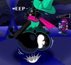 ass big_butt black_body bubble_butt clothed clothing deltarune feet_up femboy fluffy fluffy_ears glasses hat male pierump ralsei ralsei_with_black_fur susie_(deltarune)