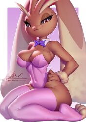 2023 2d anthro artist_name artist_signature big_breasts black_pupils breasts brown_eyeshadow bunny_ears bunny_girl bunnysuit digital_media_(artwork) female female_only furry furry_female furry_only grey_sclera kneeling kneeling_female lagomorph leotard looking_at_viewer lopunny mammal navel navel_visible_through_clothes nintendo pakwan008 pink_eyes pink_nose pokémon_(species) pokemon pokemon_(species) purple_bunnysuit purple_thighhighs sideboob smile smiling_at_viewer solo_female tagme