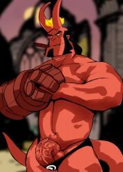 artist_request balls bara barely_contained black_hair broken_horn bulge dark_horse demon facial_hair flaccid hellboy hellboy_(series) horns male male_only muscles muscular penis red_body red_skin solo solo_male tail underwear