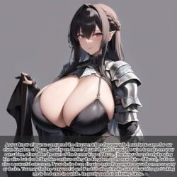 1girls ai_generated armored_gloves black_hair busty caption concubine elf elf_ears elf_female elf_girl english english_text enråna huge_breasts massive_breasts nemus_waifu_generator pooplool royal_dwarves slight_smile solo_female tagme text wasp_waist