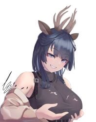 animal_ears antlers arknights cum_on_breasts tsukinogi_(arknights)