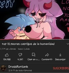 1boy 1girls big_breasts blush boyfriend_(friday_night_funkin) censored censored_nipples drossrotzank female friday_night_funkin huesosdry meme nendry_(huesosdry) shitpost spanish_text sweat text youtube youtube_hispanic youtube_thumbnail