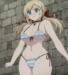 1girls 2023 accurate_art_style big_breasts bikini blonde_hair blue_eyes blush breasts busty child_bearing_hips cleavage embarrassed euf female female_only hair_ribbon highres jewelry large_breasts legs lidenfilms low_twintails navel necklace official_art ribbon screencap solo stitched striped striped_bikini swimsuit thighs third-party_edit twintails voluptuous yuna_yunis yuusha_ga_shinda!