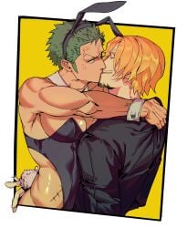 2boys anger_vein angry big_pecs blonde_hair bunny_boy bunny_ears bunny_tail bunnysuit cigarette detached_collar facial_hair fake_animal_ears gay goatee green_hair k_zaooo kissing lipstick male male_only male_playboy_bunny moustache muscular muscular_male one_piece pecs roronoa_zoro smile suit vinsmoke_sanji wrist_cuffs yaoi yellow_background