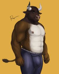 2021 abs accessory anthro barechested biceps body_hair bovid bovine brown_eyes bulge cattle chest_hair clothed clothing compression_shorts detailed_bulge facial_hair facial_piercing fist furgonomics goatee happy_trail hi_res horn horn_accessory looking_at_viewer male mammal manly maximus_(smartydragon) muscular navel nipples nose_piercing nose_ring pecs piercing ring_piercing rov shirtless shirtless_male simple_background smile solo standing stubble topless topless_male triceps workout_clothing yellow_background