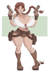 backpack bag belt big_breasts braid breasts brown_eyes brown_hair busty cleavage clothing dullvivid eyewear female female_focus female_only firearm full_body handgun handwear hourglass_figure human lara_croft lara_croft_(classic) large_breasts legwear pale_skin standing tan tan_body tanline tomb_raider weapon wide_hips