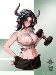 1girls 2023 animal_ears arknights bare_shoulders belly belly_button black_hair blush braid breasts broken_horn cow_girl gloves green_eyes han_han_xiao_leng hands_on_head hi_res horns long_hair looking_at_viewer multicolored_hair navel nipples see-through simple_background solo standing sweat tomboy wet wet_clothes wind_chimes_(arknights)