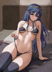 1girls arm_support bare_arms bare_shoulders blue_eyes blue_hair blue_panties bra breasts chihunhentai collarbone female female_only fire_emblem fire_emblem_awakening highres indoors long_hair looking_at_viewer lucina_(fire_emblem) medium_breasts multiple_straps nintendo on_bed panties parted_lips sidelocks sitting solo strap_pull thigh_gap thighhighs thighs tiara underwear