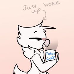 2022 ambiguous_anthro ambiguous_gender anthro avian beak beverage biped bird blue_text closed_eyes coffee coffee_mug digital_media_(artwork) directional_arrow english_text feathers grey_text hair holding_beverage holding_coffee holding_coffee_mug holding_object just_woke_up monotone_body monotone_feathers mug nude nude_anthro nude_male pink_background riley_(giidenuts) side_view simple_background solo tail text text_on_mug white_arms white_body white_feathers white_hair white_legs white_mug white_tail yosshidoragon