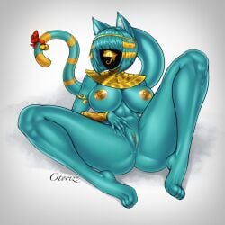 1_eye 2d anthro areola big_breasts blue-skinned_female blue_body blue_fur blue_hair blue_skin breasts clothing domestic_cat egyptian egyptian_clothing felid feline felis female fur genitals gold_(metal) hair hi_res jewelry mammal mouthless navel nipples nyanlathotep otorize pinup pose pussy ribbons simple_background solo swimwear tail white_background yellow_eyes yellow_nipples