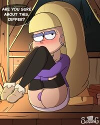 1girls artstyle_imitation ass blonde_hair blunt_bangs disney disney_channel disney_xd full_body gravity_falls hoop_earrings indoors night pacifica_northwest panties pantyshot purple_eyeshadow purple_panties seniorg shy skirt solo speech_bubble straight_hair thighhighs western_cartoon