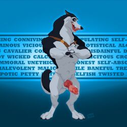 1boy anatomically_correct animal_genitalia animal_penis anthro anthro_only athletic athletic_male balls balto_(film) belt canid canine canine_genitalia canine_penis canis cracking_knuckles domestic_dog english_text genitals grin hi_res husky laser_(artist) licking licking_lips looking_at_viewer male male_only mammal nordic_sled_dog nude open_mouth penis side_eye signature smile solo spitz steele_(balto) text tongue tongue_out universal_studios