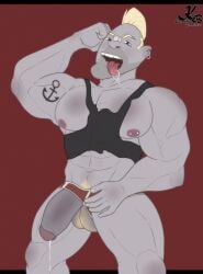 abs anchor_tattoo black_tank_top blonde_hair bodybuilder flexing grey_skin huge_biceps huge_cock huge_muscles huge_pecs kuroblack95 male_only nipple_piercing nipples piercings red_underwear saliva tongue_out zombie zombie_weeners