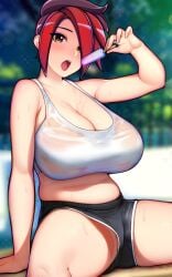 accidental_exposure ash_(paladins) big_breasts breasts cleavage huge_breasts ikkimay large_breasts open_mouth paladins popsicle pussy_peek red_hair shirt shorts top_heavy upshorts