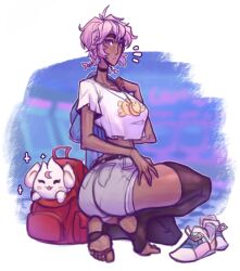 2023 ass barefoot big_breasts big_butt braid choker clothed clothing crop_top_overhang crysskail dark-skinned_female dark_skin feet hand_on_thigh kneeling league_of_legends looking_at_viewer looking_back necklace pink_eyes pink_hair riot_games shirt shoes_removed short_hair shorts star_guardian_series star_guardian_taliyah stirrup_legwear stirrup_stockings taliyah thick_eyebrows thick_thighs toeless_legwear