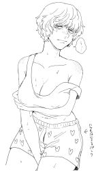 arm_under_breasts big_breasts boxers cleavage crying crying_with_eyes_open donquixote_rosinante female female_only frown genderswap_(mtf) line_art monochrome nipple_bulge no_bra off_shoulder one_piece rule_63 short_hair sketch solo sweat tank_top tears uma3_ota underwear very_short_hair