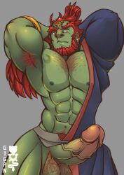 armpit_hair balls bara beard big_penis boner chest_hair erection facial_hair ganondorf ganondorf_(tears_of_the_kingdom) gerudo giganuramaki green_skin hands_behind_head male male_only muscles muscular partially_clothed penis red_hair solo solo_male tears_of_the_kingdom the_legend_of_zelda