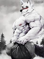 1boy ai_generated anthro bara big_ass big_butt big_muscles big_penis black_fur blush blushing_at_viewer canine death_(puss_in_boots) gay huge_ass huge_cock huge_muscles hyper hyper_ass hyper_genitalia hyper_muscles hyper_penis it'll_never_fit leonidartsz looking_at_viewer muscular muscular_anthro muscular_male smile smiling smiling_at_viewer smirk smug tail tight_pants_(meme) tree wolf