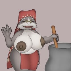 anthro areola belly big_areola big_breasts breasts capcom domestic_cat felid feline felis felyne female grammeowster_chef hi_res j5furry lynian mammal monster_hunter overweight overweight_female palico