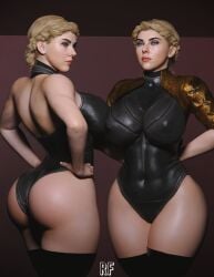 2girls 3d absurd_res atomic_heart blonde_hair blue_eyes breasts ekaterina_nechayeva female female_only hi_res human large_breasts left_(atomic_heart) looking_at_viewer right_(atomic_heart) rude_frog scarlett_johansson the_twins_(atomic_heart) wide_hips