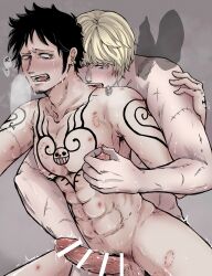 2boys abs bar_censor bite bite_mark bite_marks biting black_hair blonde_hair blush chest_tattoo completely_nude donquixote_rosinante erection facial_hair from_behind gay goatee hickey_marks implied_anal implied_sex long_sideburns looking_at_another looking_back male male_only miso_crsn nipple_pinch nipple_tweak nude one_piece open_mouth penis scars sideburns sweat tattoo tattoos tears toned toned_male trafalgar_law yaoi