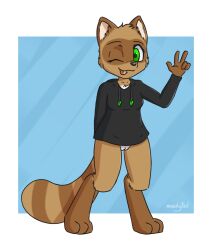 2022 anthro black_nose bottomless brown_body brown_fur canid canine clothed clothing digital_media_(artwork) digitigrade feet female fingers fluffy front_view fur genitals green_eyes hi_res hindpaw hoodie humanoid_hands looking_at_viewer mammal moodytail multicolored_body multicolored_fur multitoned_body multitoned_fur one_eye_closed paws pinup pose pussy raccoon_dog simple_background smile solo standing striped_body striped_fur stripes tan_body tan_fur tanuki toes tongue tongue_out topwear tuft white_body white_fur wink yuki_(side_b)