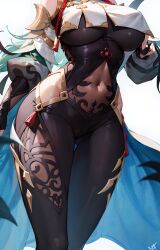 ai_generated bodysuit breasts curvy curvy_figure genshin_impact hip_focus hips large_breasts shenhe_(genshin_impact) stable_diffusion thick_thighs wide_hips