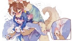 anthro bent_over blue_body blue_eyes blue_fur blue_hair blush bodily_fluids bottomless breast_grab breasts brown_hair canid canine canis clothed clothing cum cum_in_pussy cum_inside domestic_dog duo erection female female_penetrated fur genital_fluids genitals hair hand_on_breast hi_res humanoid_genitalia humanoid_penis male male/female male_penetrating male_penetrating_female mammal one_eye_closed partially_clothed penetration penis sex shirt swaybat sweat sweatdrop t-shirt tan_body tan_fur topwear