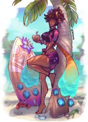 1girls 2023 athletic_female bandana barefoot beach big_ass big_breasts big_butt bracelet braid breasts brown_hair clothed clothing crysskail dark-skinned_female dark_skin female flower flower_in_hair freckles league_of_legends leaning_on_object leg_bracelet looking_at_viewer messy_hair midriff palm_tree ponytail pool_party_series pool_party_taliyah riot_games shorts solo surfboard sweat sweaty swimwear taliyah thick_eyebrows thick_thighs wet