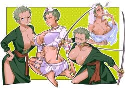 ass_cleavage big_breasts butt_crack cleavage crop_top earrings facial_scar female female_only genderswap_(mtf) green_hair haramaki japanese_clothes k_zaooo katana kimono looking_at_viewer multiple_scenes no_bra nurse_cap nurse_uniform one_piece roronoa_zoro rule_63 scar scar_across_eye short_hair sleeves_rolled_up solo sword syringe thigh_strap tomboy towel_on_head very_short_hair weapon