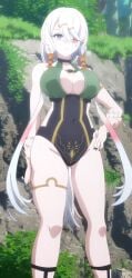 1girls atelier_(series) atelier_ryza atelier_ryza_ever_darkness_&_the_secret_hideout_the_animation breasts cleavage hips large_breasts lila_decyrus screencap stitched swimsuit thick_thighs thighs tummy white_hair