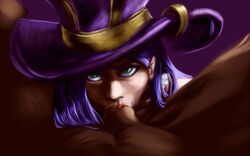 ayaswan blue_eyes caitlyn_kiramman dark-skinned_male deepthroat eye_contact fellatio female league_of_legends looking_at_viewer lucian_(league_of_legends) male oral oral_sex pov purple_hair red_lipstick sex straight top_hat