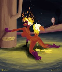 2006 anthro_only breasts canine dripping egypturnash_(artist) elemental female fire fire_tail flaming_hair fur hair kneeling lava looking_at_viewer mammal orange_fur sideboob yellow_eyes