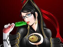 1girls bayonetta bayonetta_(character) beauty_mark black_hair blue_eyes bodysuit breasts candy chains cleavage cleavage_cutout dildo dkangel earrings female glasses hair_bun jewelry lollipop long_hair mole penis red_ribbon ribbon sega solo tongue tongue_out very_long_hair