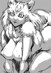 big_breasts black_and_white breasts feline female joka_(hiwai) kneeling looking_at_viewer monochrome nipples simple_background sketch solo