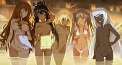 5girls bath black_hair blonde_hair blue_eyes breast_envy breasts brown_hair cecilia_alcott charlotte_dunois dark_skin eye_patch female_only flat_chest green_eyes highres infinite_stratos jewelry kanna_asuke large_breasts laura_bodewig long_hair medium_breasts multiple_girls navel nipples nude open_mouth pendant photoshop ponytail purple_eyes pussy red_eyes shinonono_houki silver_hair small_breasts source_request tan tanline thigh_gap tied_hair towel towels twintails uncensored wink