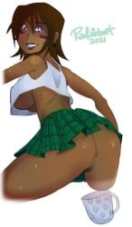 ass dark-skinned_female facepaint lowres lyla_moore_(lolodepuzlo) mug original pubic_hair pussy radlionheart skirt st._patrick's_day tank_top upskirt