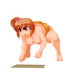 blush breasts crouch female female_only female_sumo front_view human mage_(pixiv) mawashi pale_skin pigtail red_eyes red_hair solo solo_female squatting stare sumo sweat tagme topless