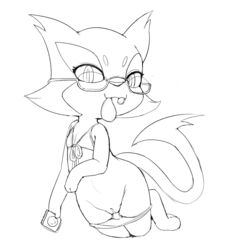 anthro bikini clothing conditional_dnp condom eyewear female flak_wizard glasses kneeling monochrome nintendo panties panties_down pokemon purrloin pussy solo swimsuit underwear video_games