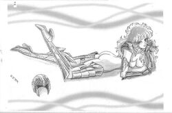 1girls armor ass breasts female long_hair lying mariners mermaid_thetis monochrome nipples no_bra no_panties saint_seiya shounen_jump solo thighs