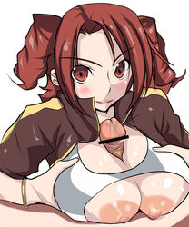 artist_request blush breasts censored drill_hair female heroman large_breasts lying male nipples paizuri penis red_eyes red_hair smile straight unseen_male_face vera_collins