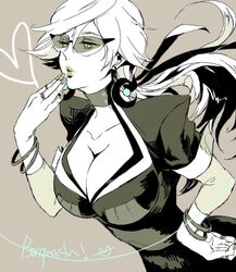 basquash! bracelet breasts brown_eyes cleavage cleavage_cutout crescent_moon dress earrings glasses haruka_gracia huge_breasts jewelry lips lipstick long_hair ponytail silver_hair sunglasses tied_hair tinted_eyewear white_hair