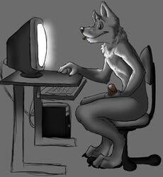 1boy 2010 anthro canine computer fur furry leverpuller male male_only masturbation nude penis side_view solo tongue wolf