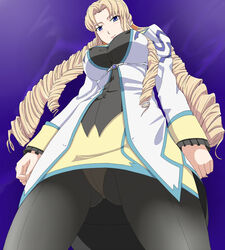 blonde_hair blue_eyes blush breasts long_hair marguerite_leeds marguerite_pistail panties pantyhose super_robot_wars super_robot_wars_z2 underwear uniform